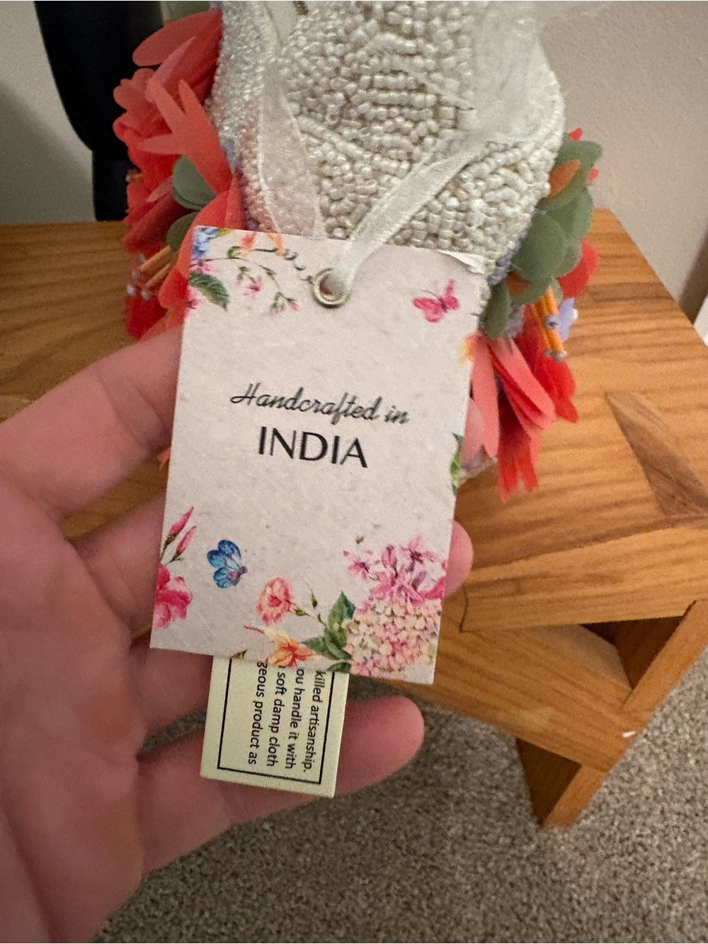 White Beaded Mini Bag with Coral & Lavender Floral Appliqué - Picture 4 of 6